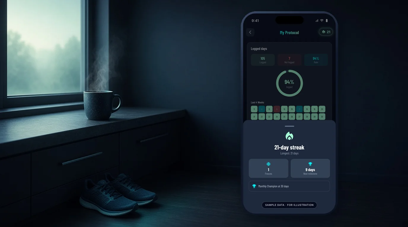 Morning window, coffee and running shoes with a phone showing a 21-day streak screen (sample data)